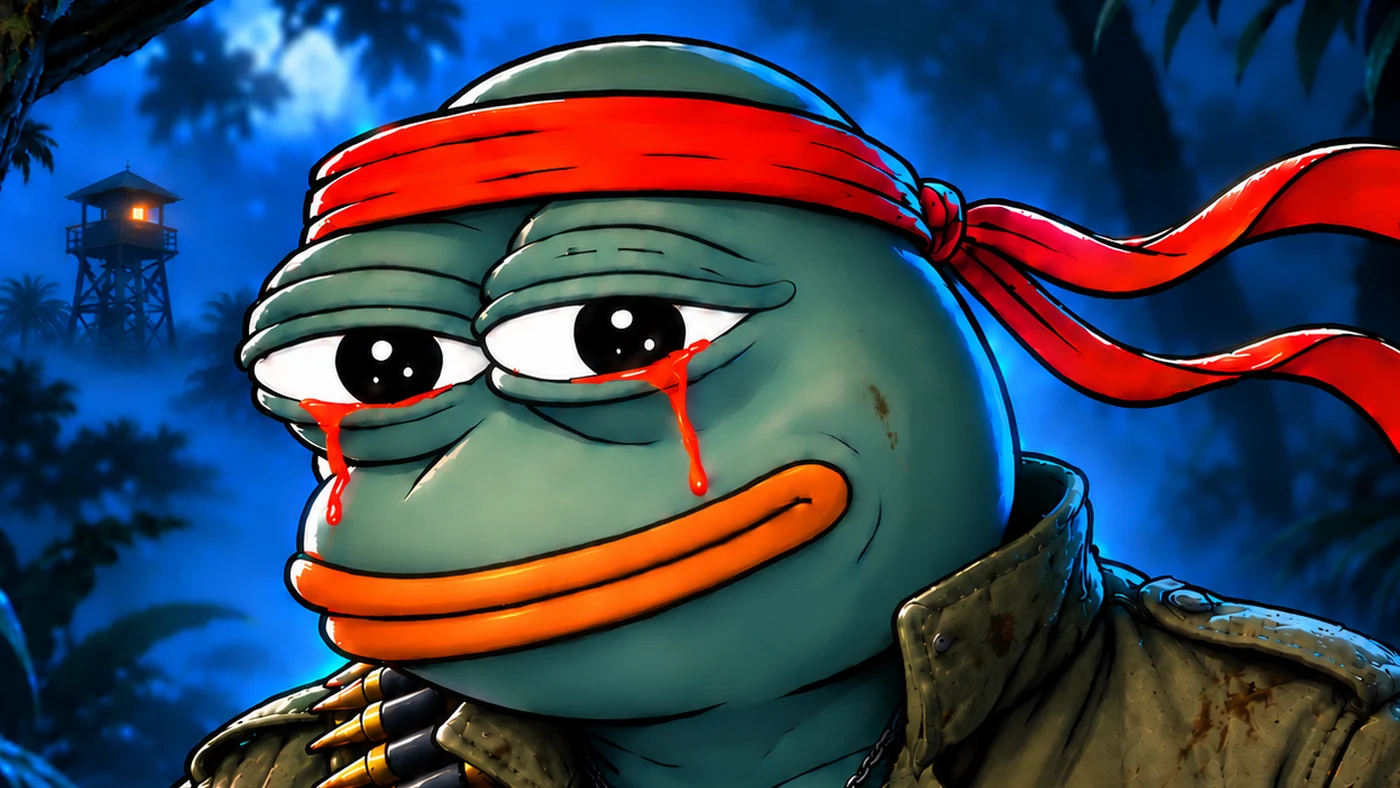 Froggy in his red bandana and field jacket, a watchtower glowing behind him in the night jungle.