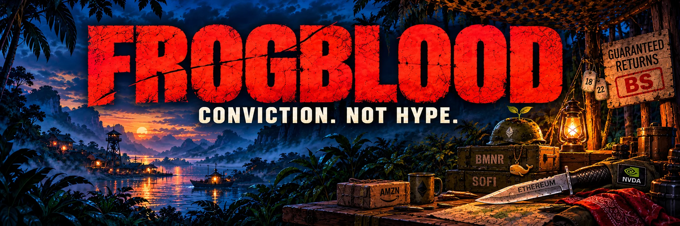 FrogBlood. Conviction. Not hype. A jungle outpost at dusk: a misty river with a watchtower, supply crates stenciled BMNR and SOFI, a lantern, a knife on the map table and a sign that reads Guaranteed returns: BS.