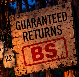 A wooden sign: Guaranteed returns, stamped BS